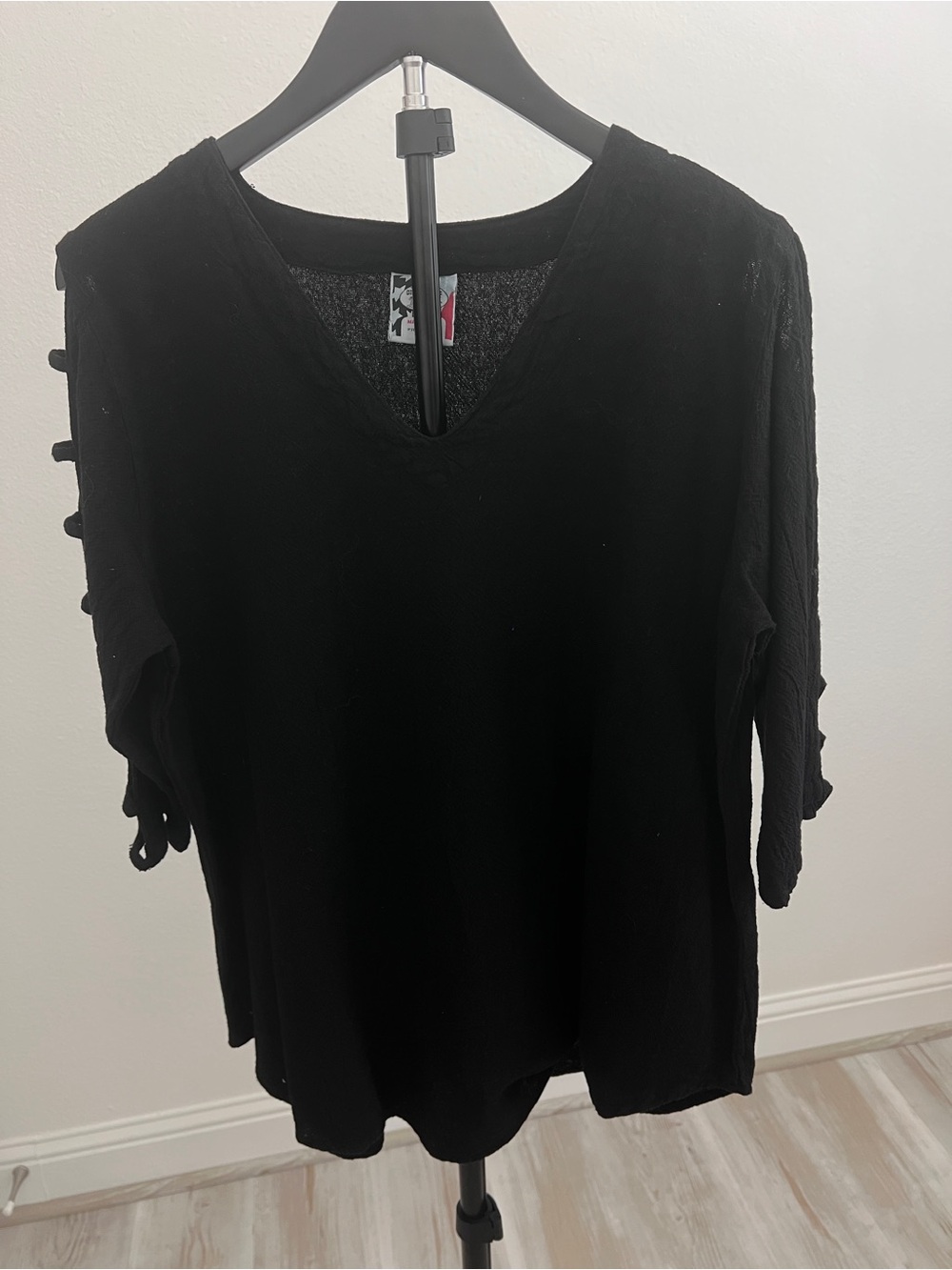 Women's Black V-Neck Blouse with Sleeve Tie Details